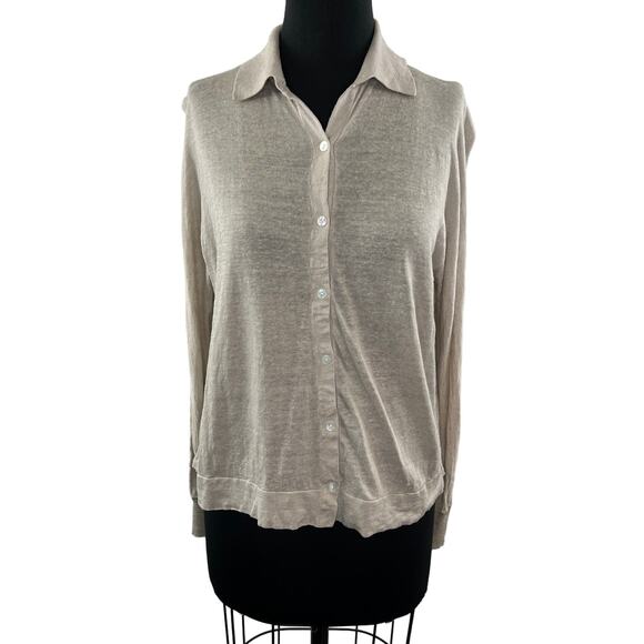 THEORY Beige Long Balloon Sleeve Linen Blend Button Down Shirt Top Blouse Size S - Picture 2 of 10